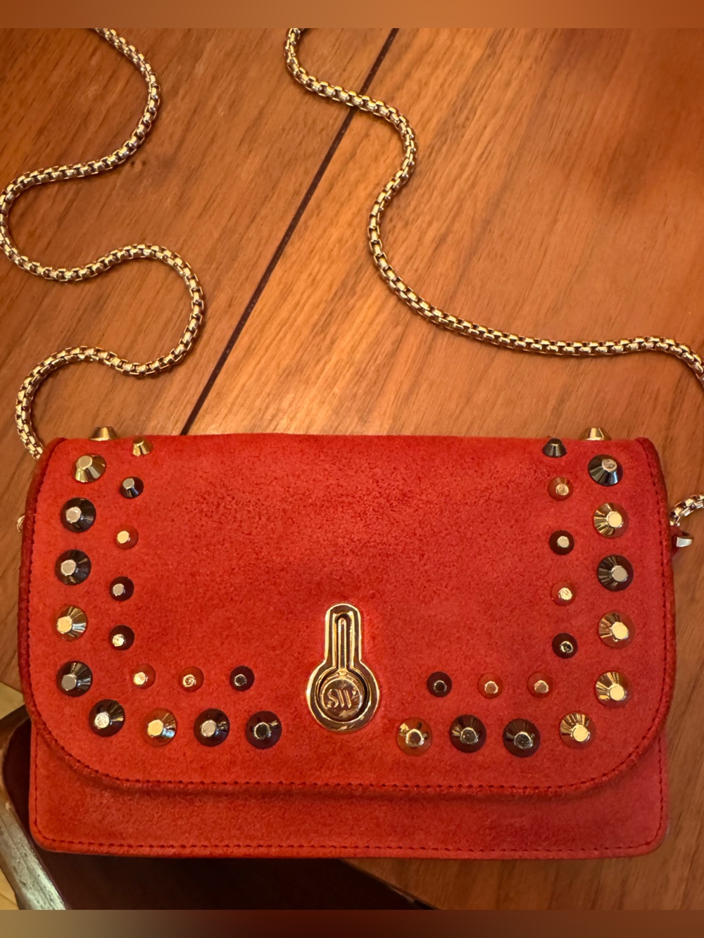 Stuart Weitzman Red Suede with Metallic Studs Crossbody Bag